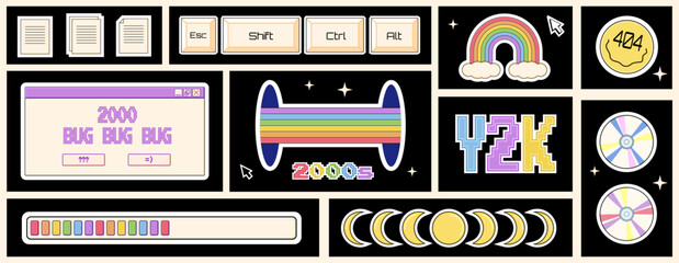 Set of different stickers, open computer windows, buttons in 2000s aesthetics, Y2K labels, decorative design elements.