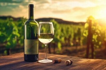 Fototapeta premium Bottle and wine glass in the vineyard