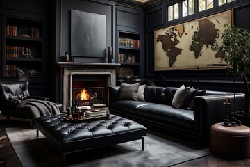 A modern living room with a spacious black sofa. AI