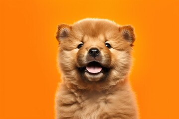  Cute chow chow puppy on orange background - obrazy, fototapety, plakaty