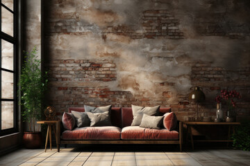 Background, loft style interior with brick wall and red sofa. AI generative.