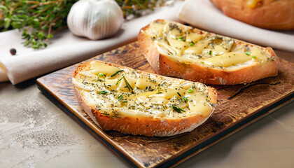Tasty bread with garlic, cheese and herbs on kitchen table