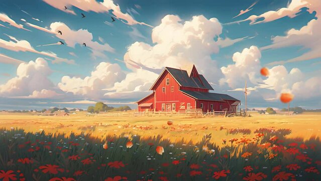An abandoned red barn in a meadow under a sky filled with billowing clouds, anime background, loop animation