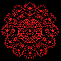 red ornament mandala on black background