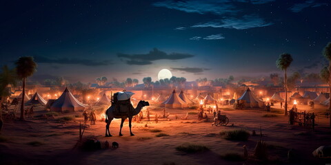 Fototapeta na wymiar desert scene during Ramadan, with a crescent moon shining above, camels, and tents for breaking the fast in a traditional setting. Generative AI