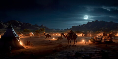 desert scene during Ramadan, with a crescent moon shining above, camels, and tents for breaking the fast in a traditional setting. Generative AI