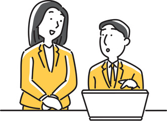 ノートパソコンを指さし相談する男女社員