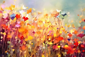 Obraz na płótnie Canvas A panoramic background featuring a vibrant and abstract meadow of colorful flowers