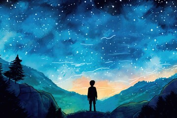 Fototapeta na wymiar A young boy gazing at the starry night sky
