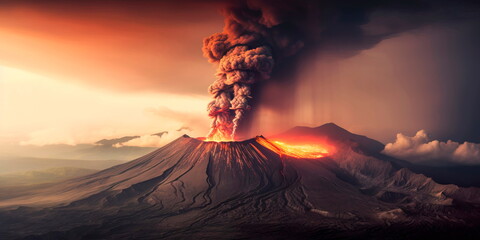 volcano with smoke billowing up and lava pouring out of a volcanic crater.