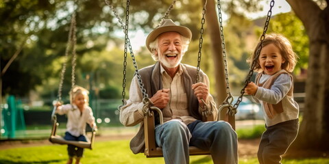 old man laughing with his grandchildren on a swing in the park.