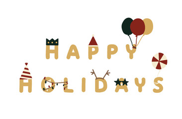 Handwriting of happy holidays decorates with Christmas party hats balloons light stars for holiday spirit in a red background. Greeting card design element banner fun happy celebration no background