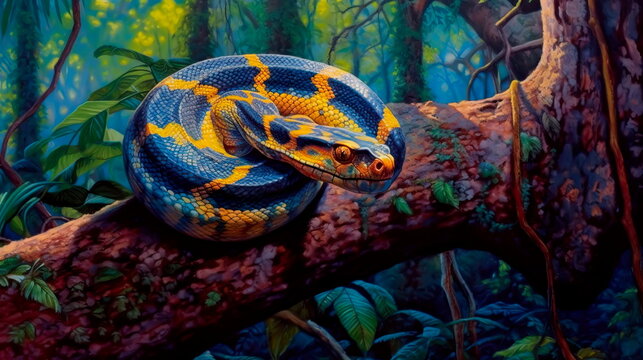 yellow python coiling around a tree in a rainforest.
