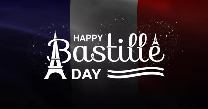 Happy Bastille Day Lettering Text Animation. Handwritten text animated in white color on the waving French flag background. Great for Celebrations of French society. Bonne Fete Nationale 14 Juillet