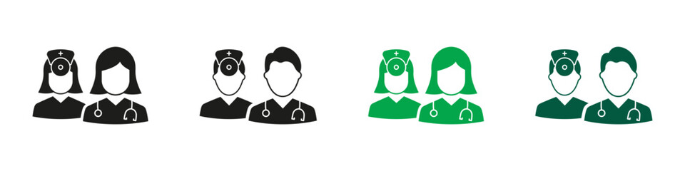 Doctors and Nurse Team Silhouette Icon Set. Healthcare Professional, Hospital Staff Black and Color Symbol Collection. Medical Specialists Group Solid Pictogram. Isolated Vector Illustration