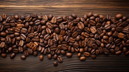 Coffee beans on a wooden background, top view and copy space