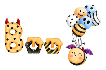 Set of cute little bee red horns and balloons with boo letters.Watercolor animal illustration.