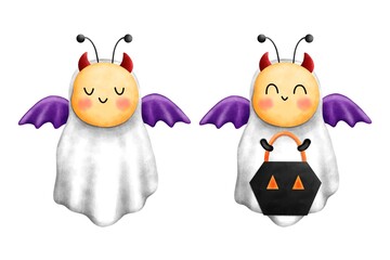 Watercolor cute little bees ghost set.Cute halloween animal with red horns and purple wings in white robes and holding a blacklantern.