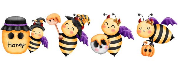 Set of four halloween little bees with red horns and purple wings,honey jar,dipper stick,skull and pumpkin basket.