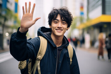 Fototapeta premium 笑顔で手を振る男性（AI生成）