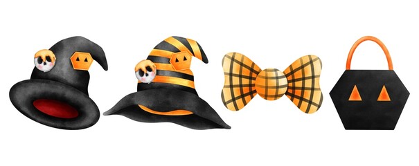Set of halloween watercolor clipart.Witch hat with skulls and honeycombs,black and yellow bow and a black honeycomb lantern.