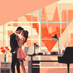 Love affair at work in office, love between office employees, romance and business, vector flat illustration.