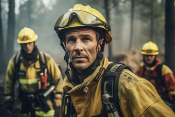 Team of brave firefighters while putting out a forest fire