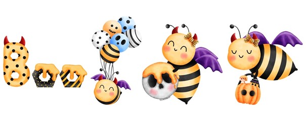 Fototapeta premium Spooky and cute halloween bees costume with purple wings and red horns,boo letters,colorful balloons and halloween pumpkin basket with honey.