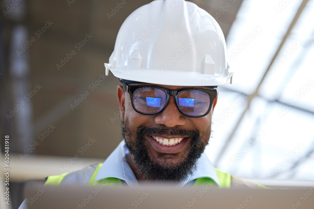 Poster architecture, planning and laptop with black man on construction site for engineering, building and 