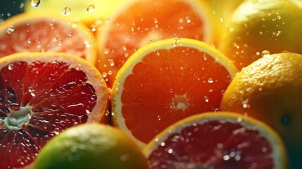 Fresh tasty red citrus mix slices close up, after rain, juice splashing around, rain drops, bright sunlight, bokeh natural background, banner, copy space, AI Generated