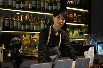 Handsome male bartender in apron standing at the bar counter in restaurant and looking at the camera 