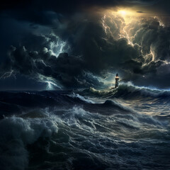 Nocturnal Fury: Ocean Storms at Night in 1:1 Aspect Ratio