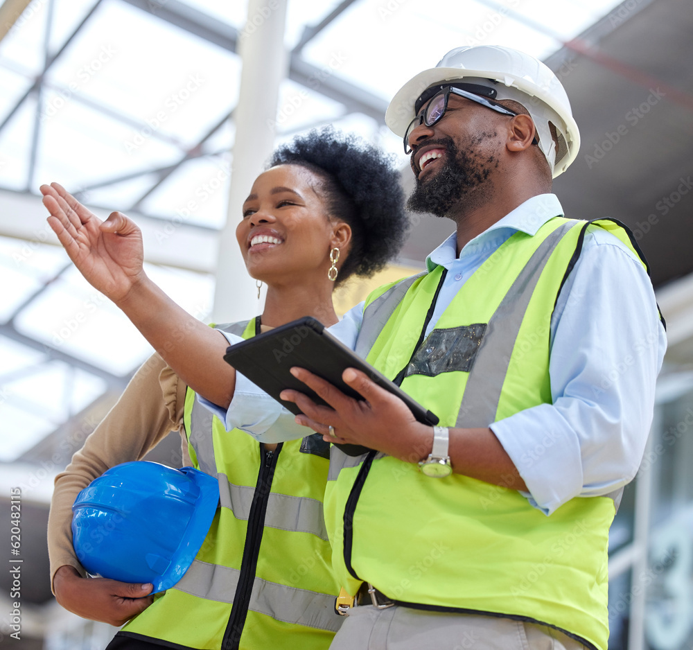 Poster tablet, teamwork or engineer talking to designer planning on a construction site for architecture. b