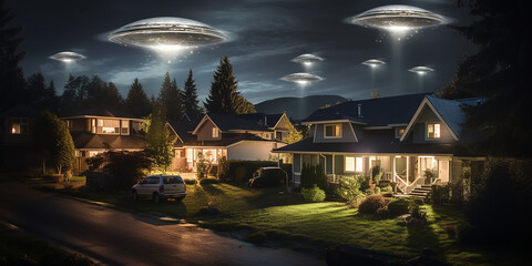 Fototapeta na wymiar Alien invasion in the suburb of an American residential neighborhood. Generative AI illustration