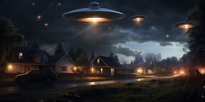Alien invasion in the suburb of an American residential neighborhood. Generative AI illustration