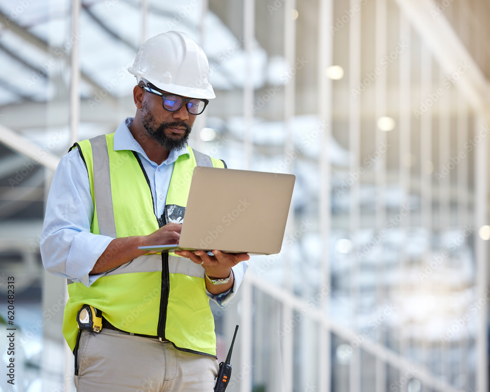 Poster architecture, research and laptop with black man in warehouse for engineering, building and design. 