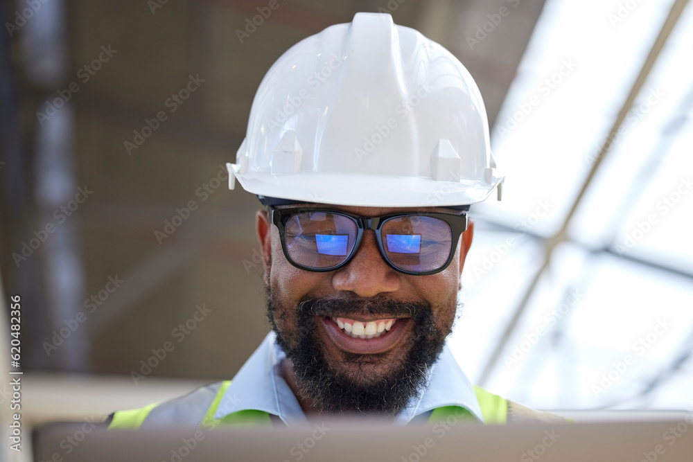 Poster architecture, planning and research with black man on construction site for engineering, building an