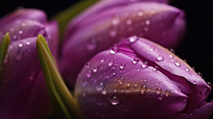 Purple Tulips flowers with water drops background. Closeup of blossom with glistening droplets. Generative AI