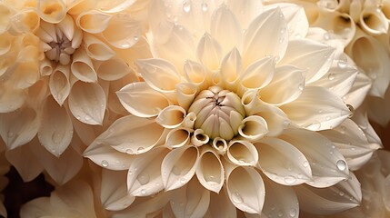 Creamy Dahlia flowers with water drops background. Closeup of delicate blossom with glistening droplets. Generative AI