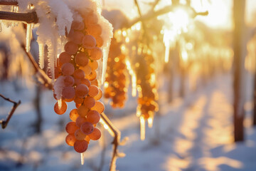 Close up von Weintrauben am Weinstock überzogen mit Eis bei tief stehender Sonne im Gegenlicht. Eiswein