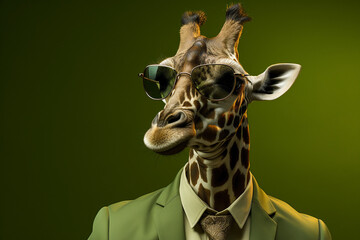 Portrait of giraffe with sunglasses wearing suit and tie on solid green background. Generative AI.