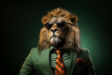 PortraitPortrait of lion with sunglasses wearing suit and tie standing over solid green background. Generative AI.of lion with sunglasses wearing suit and tie on solid green background. Generative AI.