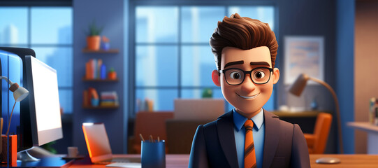 Portrait сartoon man with costume and glasses on the background of the office. Copy Space. Generative AI