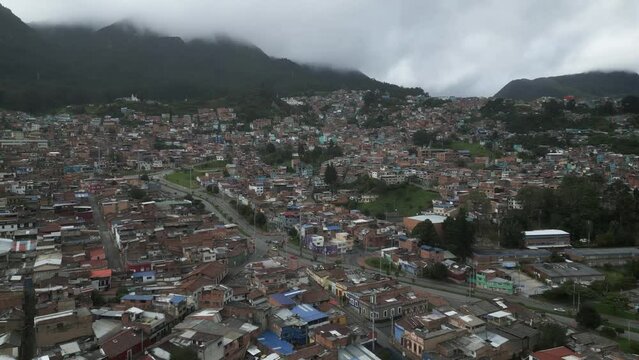 Bogota Colombia City Aerial view cloudy mood rain weather dangerous suburb  
