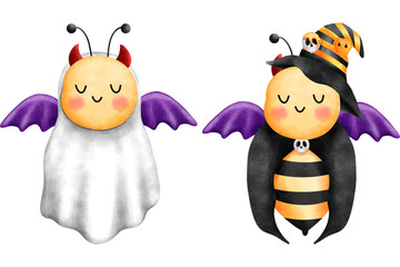 Watercolor illustration of a cute little bees witch with red horns and purple wings for halloween.