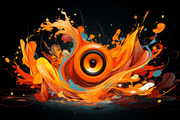 Obraz premium Sound Multimedia Soundsystem Hifi Audio Soundbox Lautsprecher Membran abstrakt orange Style im Querformat. Generative Ai. 