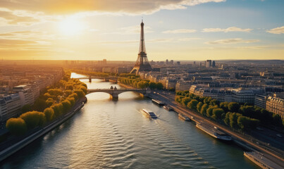 travel destination of paris france with view of sienne river drone view of eiffel tower at sunset - ai generative