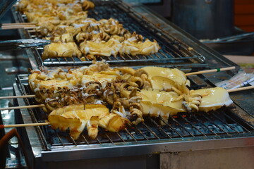 closeup grilled squid in thailand style