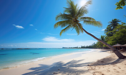 Naklejka na ściany i meble tropical island getaway with palm tree white sand beach summer ideal travel destination - ai generated