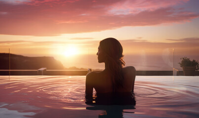 sunset swimming woman in hotel infinity pool - ai generative - 620484565